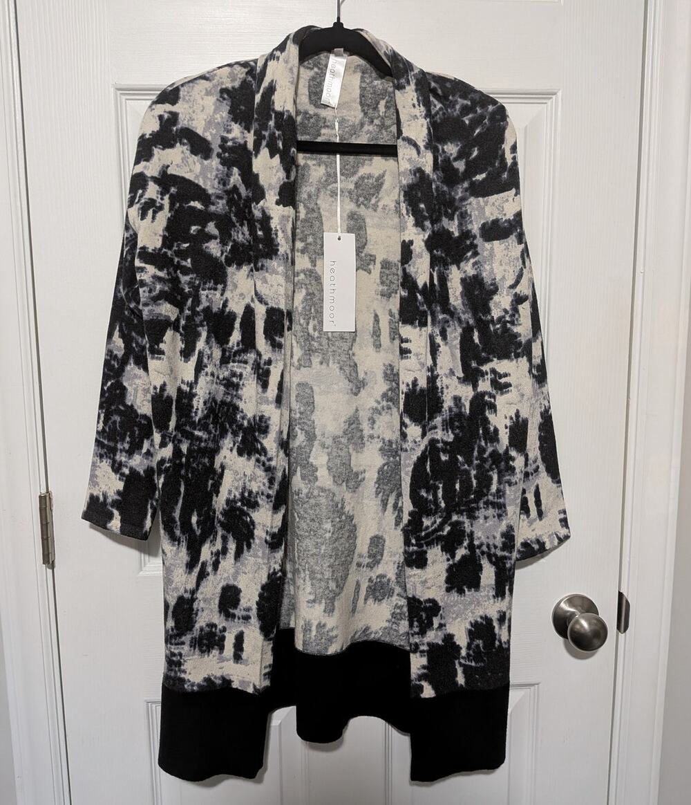 NWT Heathmoor Open Front Cardigan L/XL Black White Abstract Knit Duster